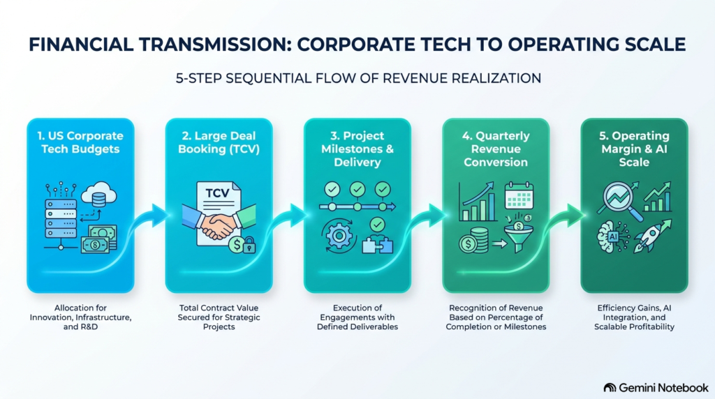 Inline flowchart diagram mapping the 5-step sequence from US corporate tech budgets to Indian IT revenue conversion and operating margins.