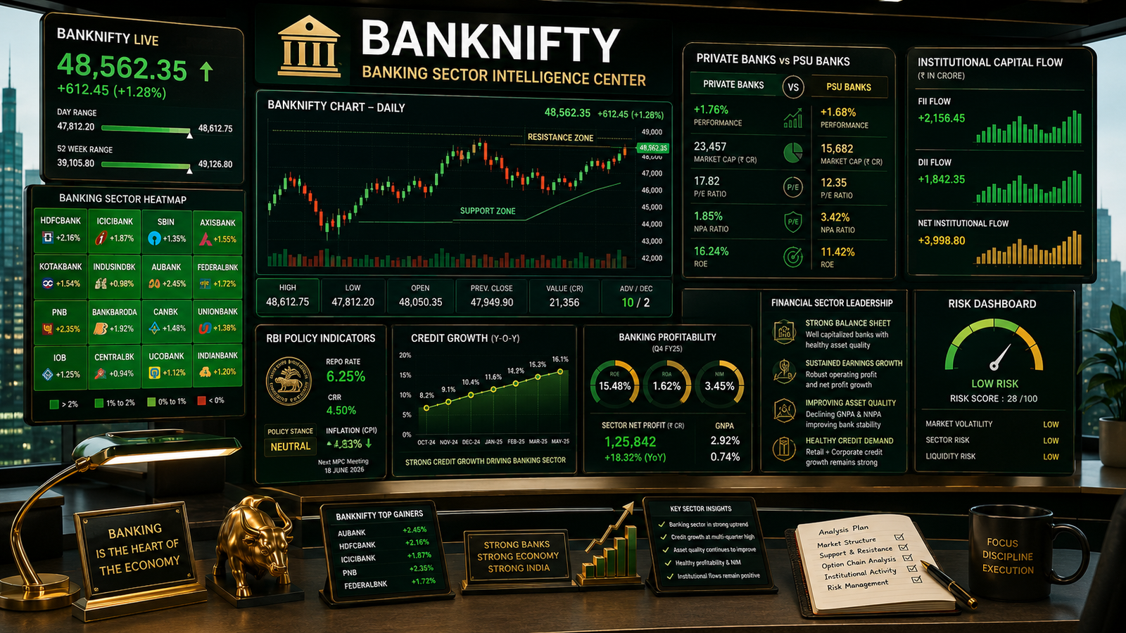 BANKNIFTY Analysis showing banking sector heatmaps, BANKNIFTY charts, institutional activity, option chain positioning, and banking sector performance analysis.