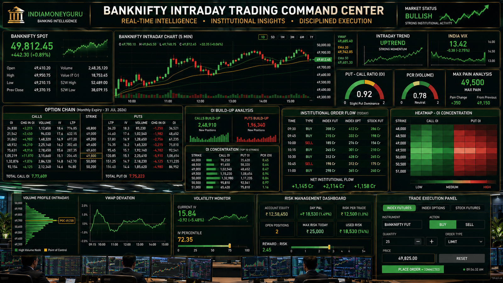 BANKNIFTY Intraday Trading Guide showing live intraday charts, Option Chain analysis, institutional positioning, support and resistance, and professional trading dashboards.