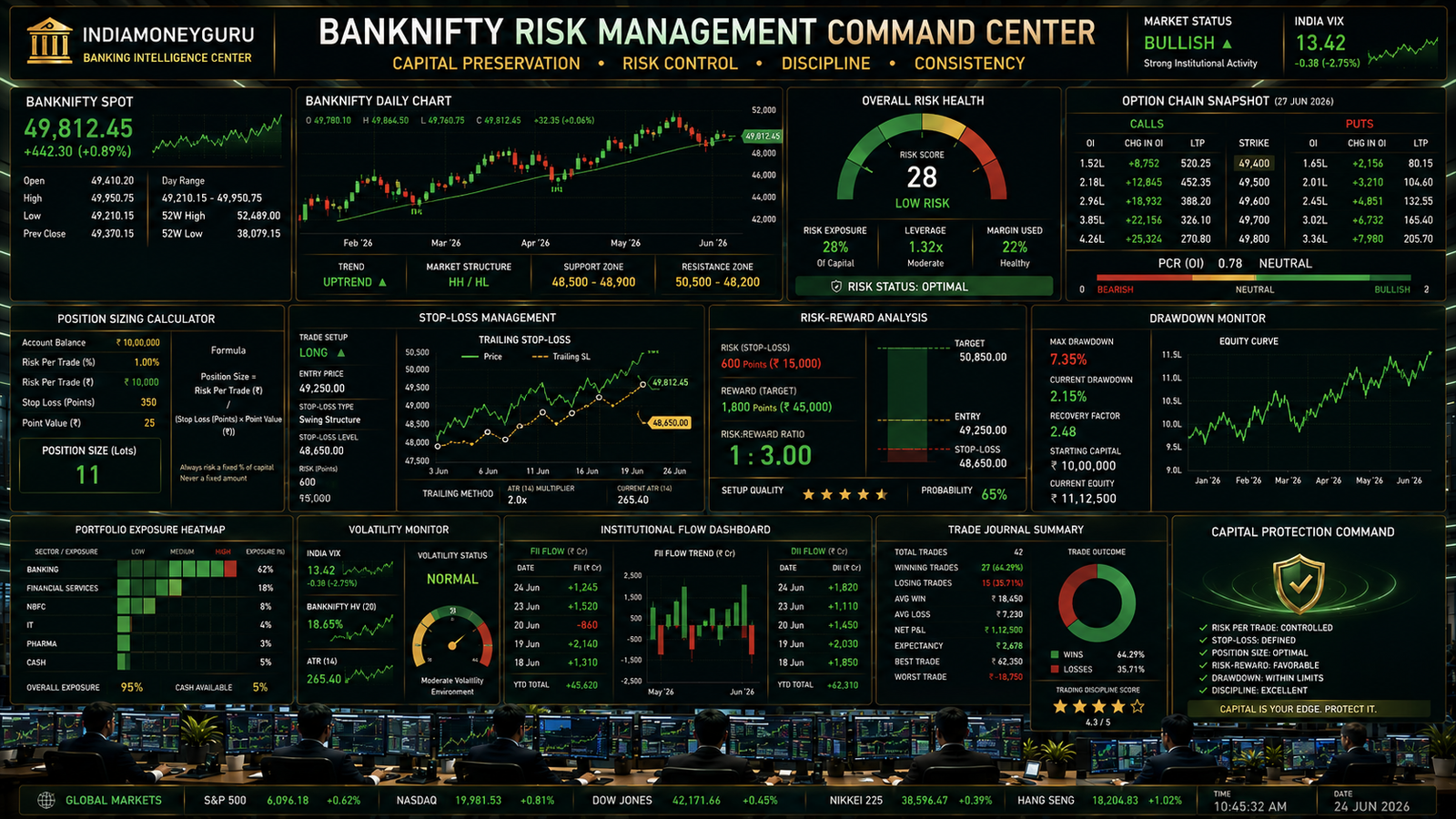 BANKNIFTY Risk Management Guide showing position sizing, stop-loss planning, capital protection dashboards, risk-reward analysis, portfolio exposure, and institutional trading analytics.
