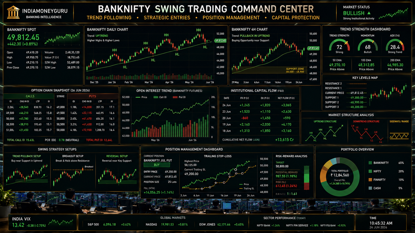 BANKNIFTY Swing Trading Guide showing trend-following charts, market structure analysis, Option Chain analytics, position management, and institutional trading dashboards.