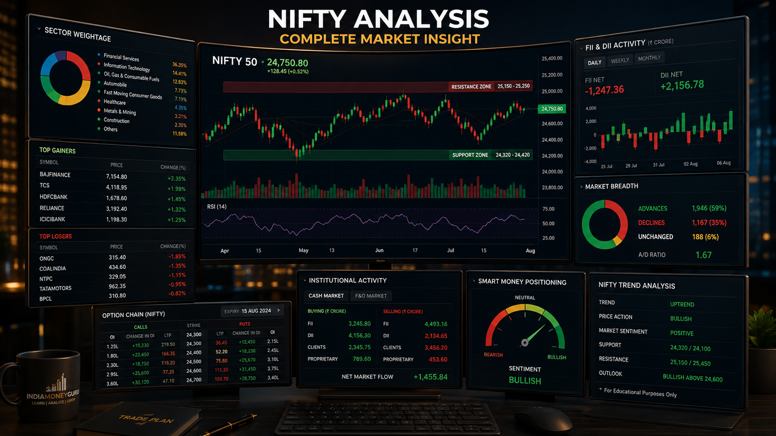 NIFTY Analysis showing NIFTY 50 charts, sector weightage, FII and DII activity, option chain analysis, support and resistance levels, and institutional market positioning.