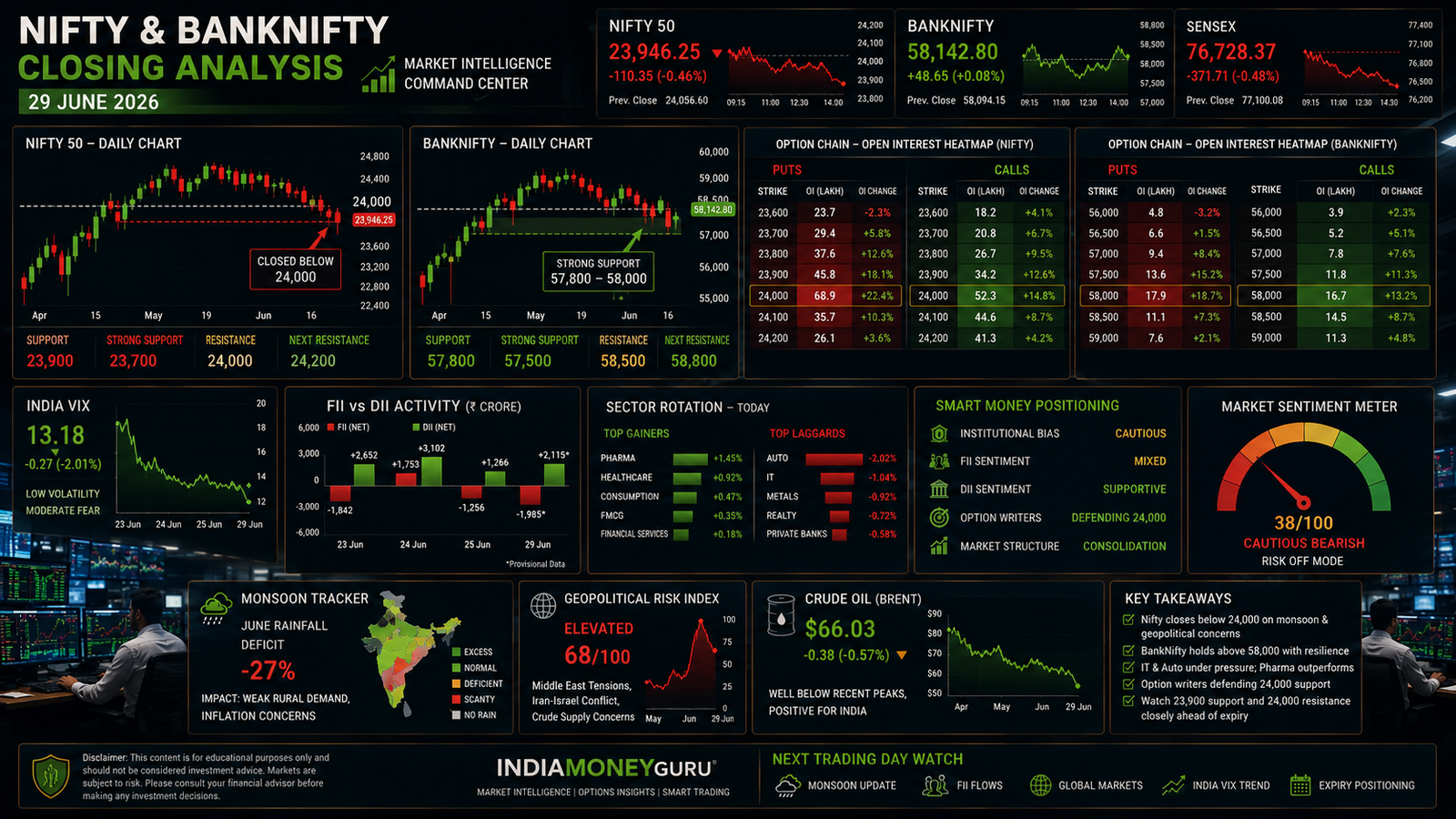 NIFTY BANKNIFTY Closing Analysis 29 June 2026 showing Nifty below 24,000, BANKNIFTY relative strength, option chain positioning, India VIX, sector rotation and institutional market intelligence dashboard.