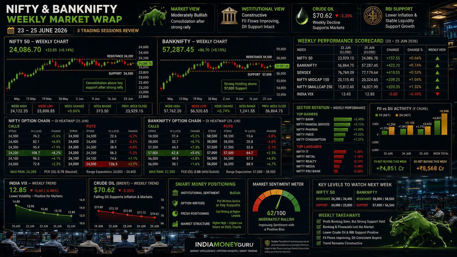 NIFTY BANKNIFTY Weekly Market Wrap 23–25 June 2026 showing weekly market performance, sector rotation, option chain analysis, FII DII activity, India VIX trend, and institutional market intelligence dashboard.
