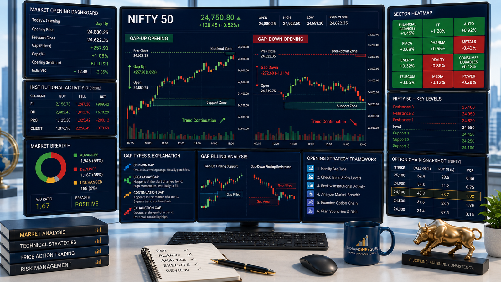NIFTY Gap-Up and Gap-Down Trading showing market opening gaps, breakout and breakdown levels, institutional activity, and NIFTY trend analysis.
