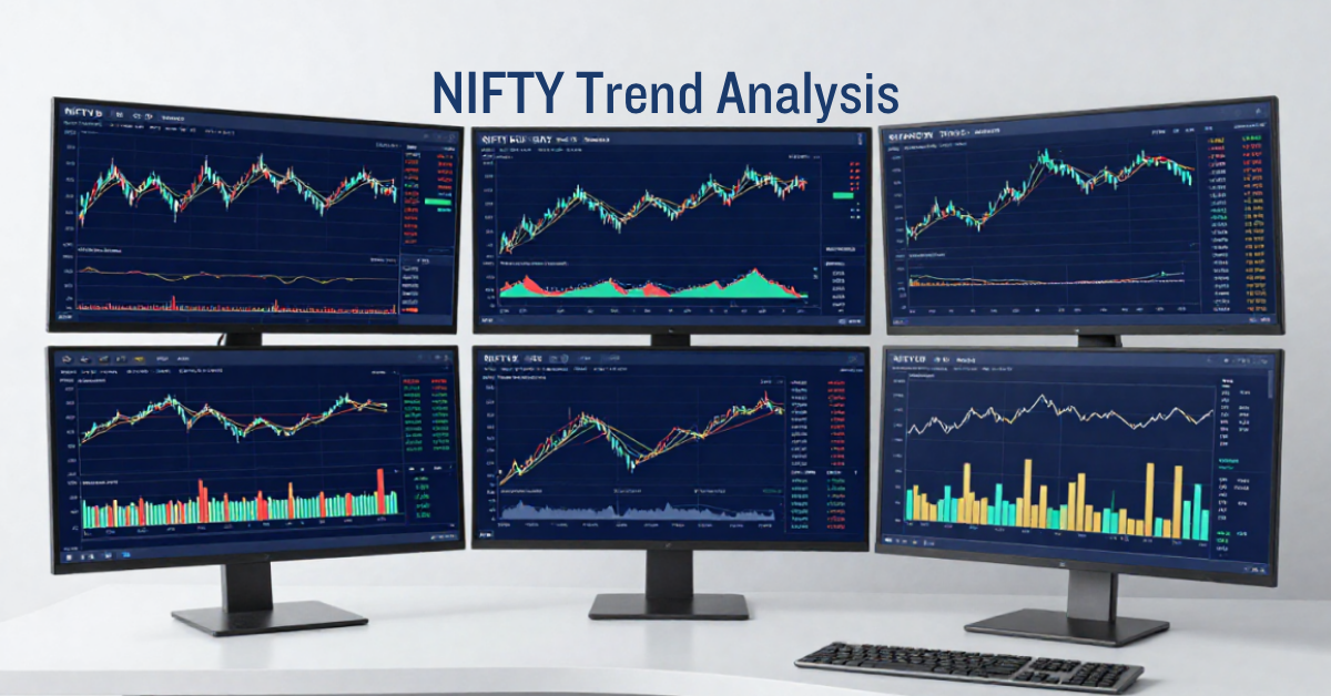 NIFTY Trend Analysis showing NIFTY 50 charts, moving averages, trendlines, market structure, trend strength, sector breadth, and institutional activity.