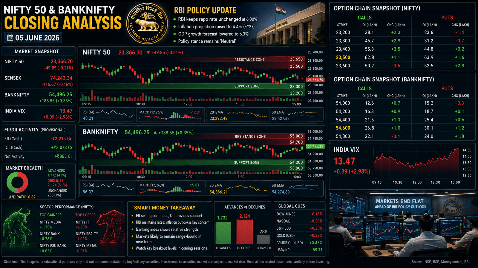 NIFTY BANKNIFTY Closing Analysis 5 June 2026 showing RBI policy impact, option chain positioning, support resistance levels and institutional market activity.
