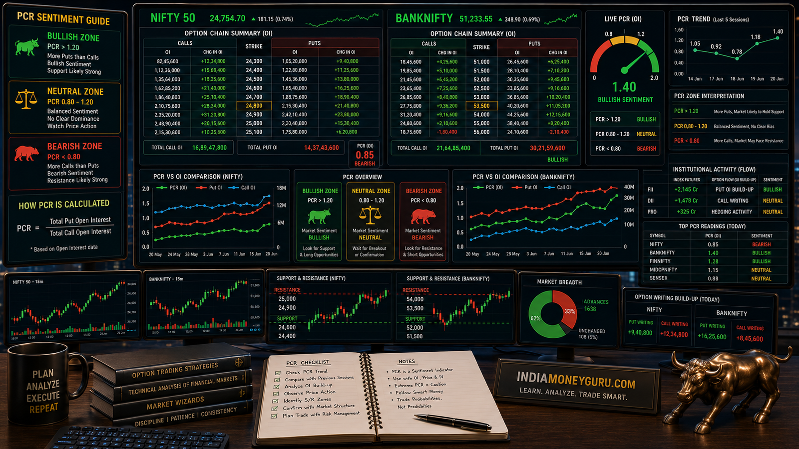 Put Call Ratio PCR analysis showing NIFTY and BANKNIFTY option chain data, bullish and bearish sentiment indicators, Open Interest comparison, and institutional market positioning.