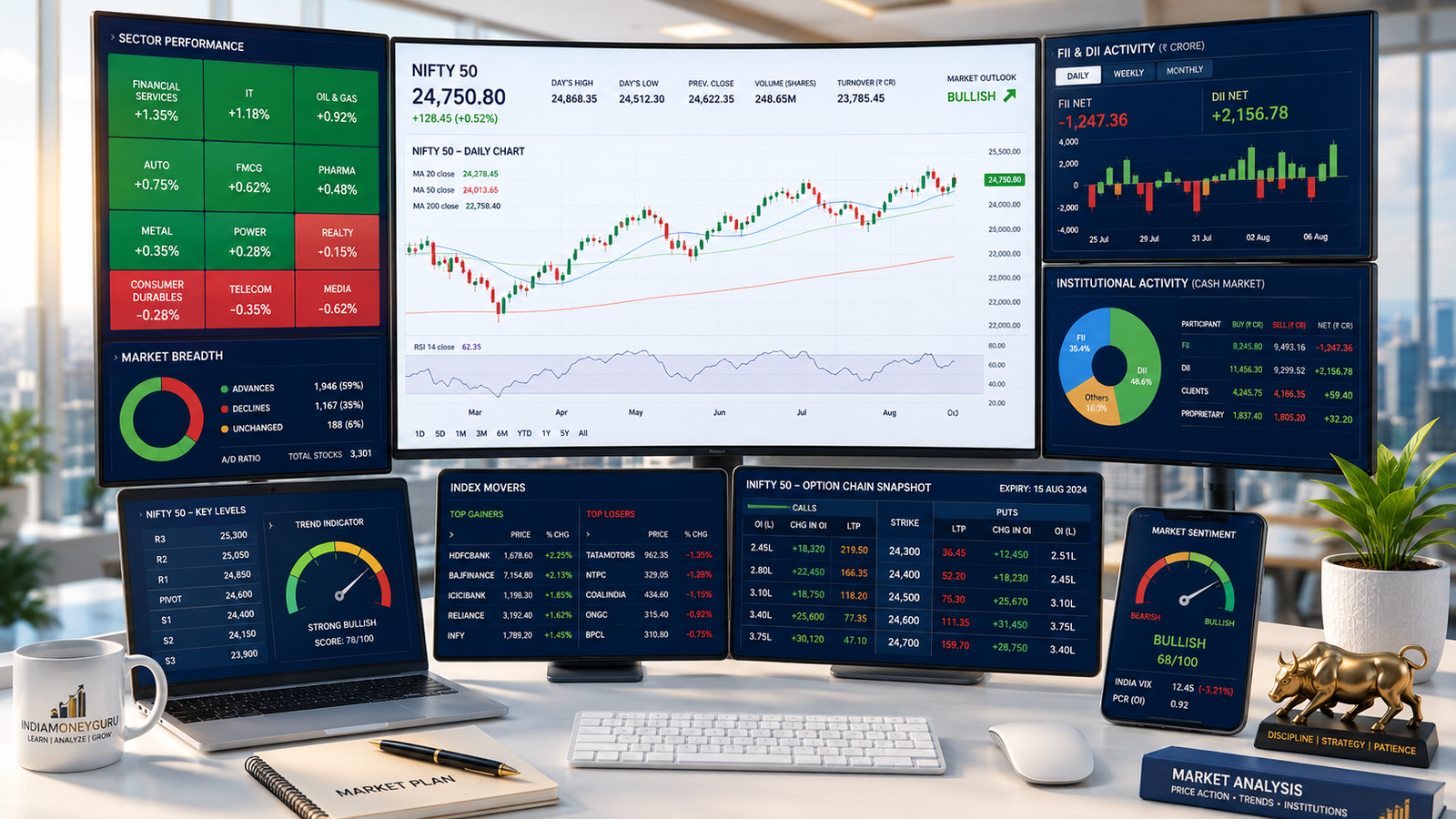 NIFTY Support and Resistance analysis showing NIFTY 50 charts, support zones, resistance levels, option chain positioning, and institutional market activity.