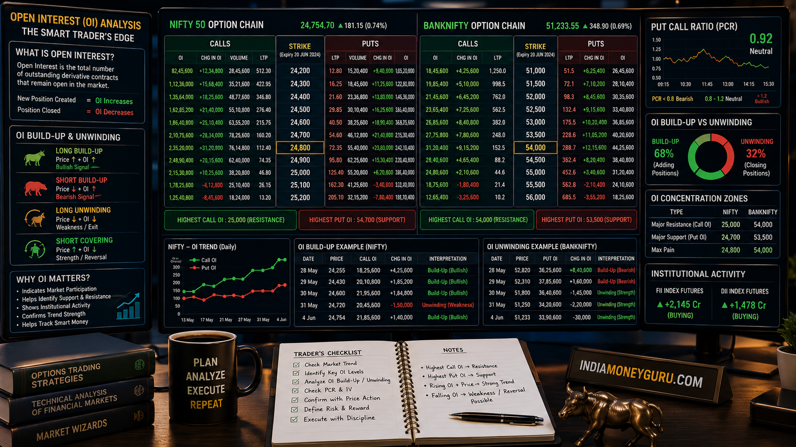 Open Interest analysis in options trading showing NIFTY and BANKNIFTY option chain data, OI build-up, OI unwinding, support and resistance levels, and institutional market positioning.