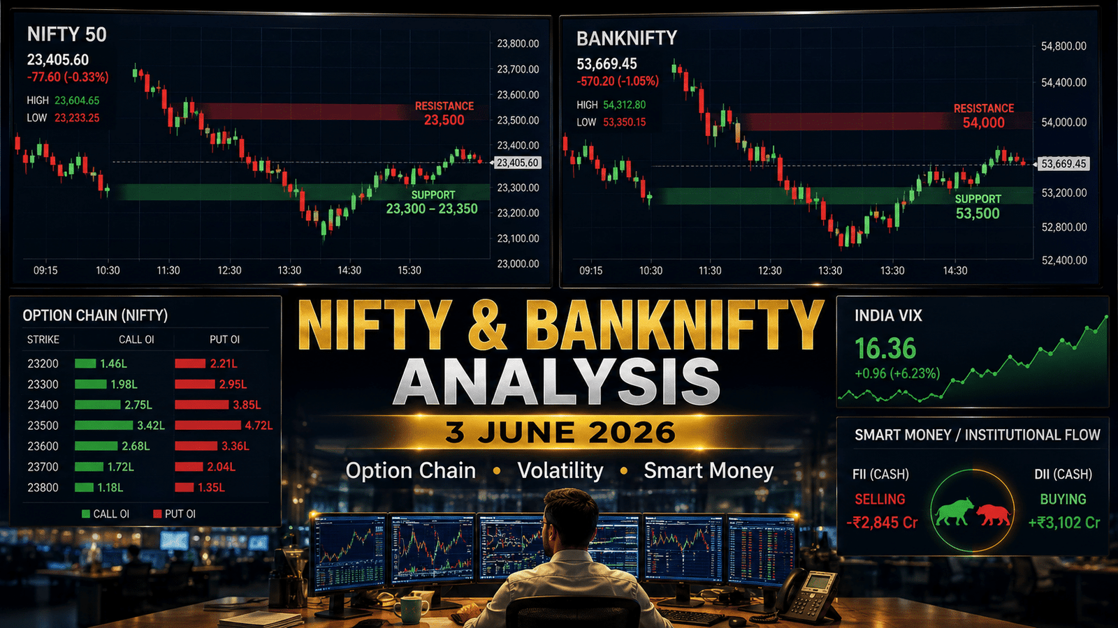 NIFTY and BANKNIFTY Analysis for 3 June 2026 showing option chain activity, support and resistance levels, smart money positioning, and India VIX volatility indicators.