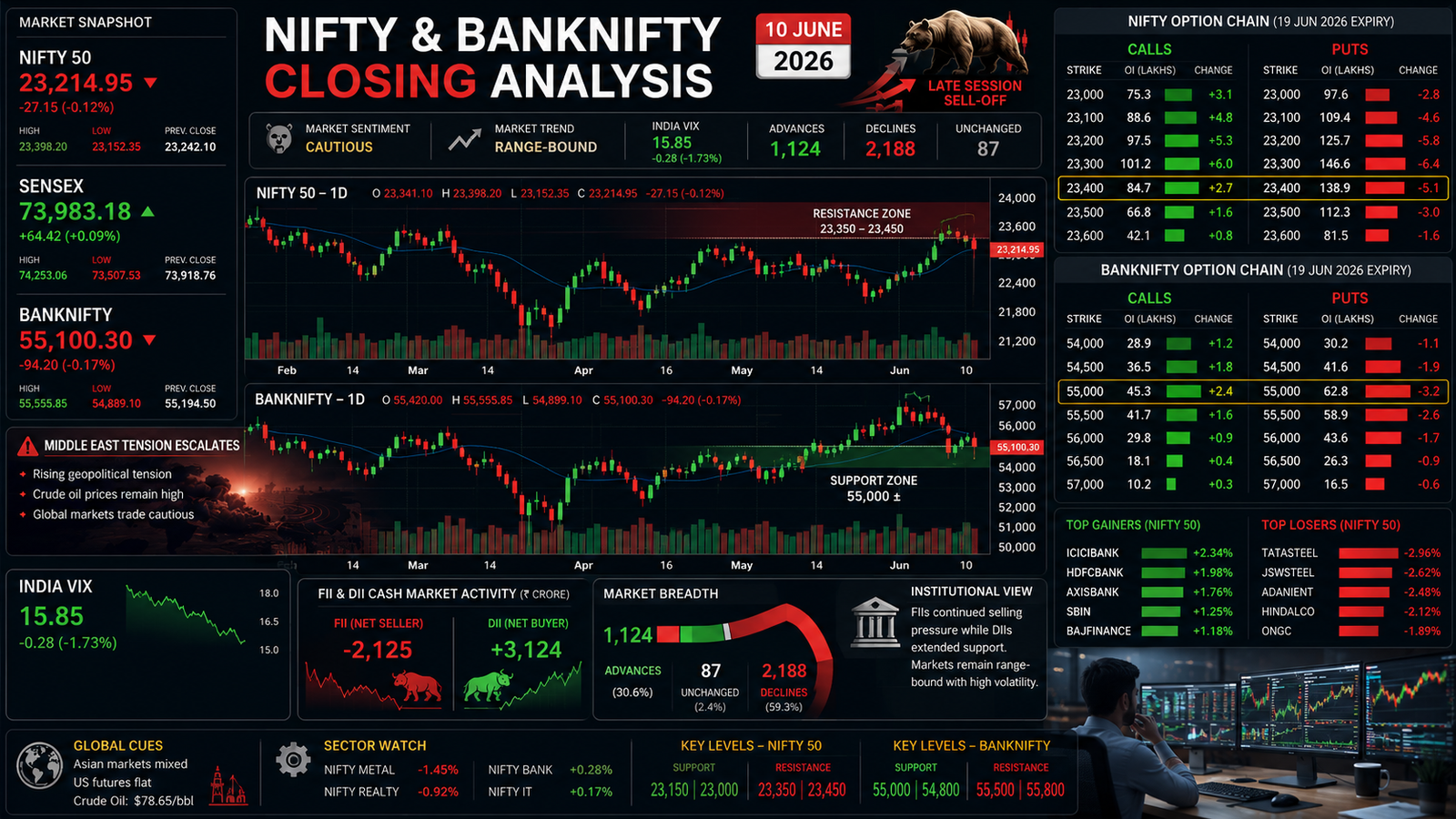 NIFTY BANKNIFTY Closing Analysis 10 June 2026 showing late selling, option chain positioning, support resistance levels, FII DII activity and Middle East tension impact.