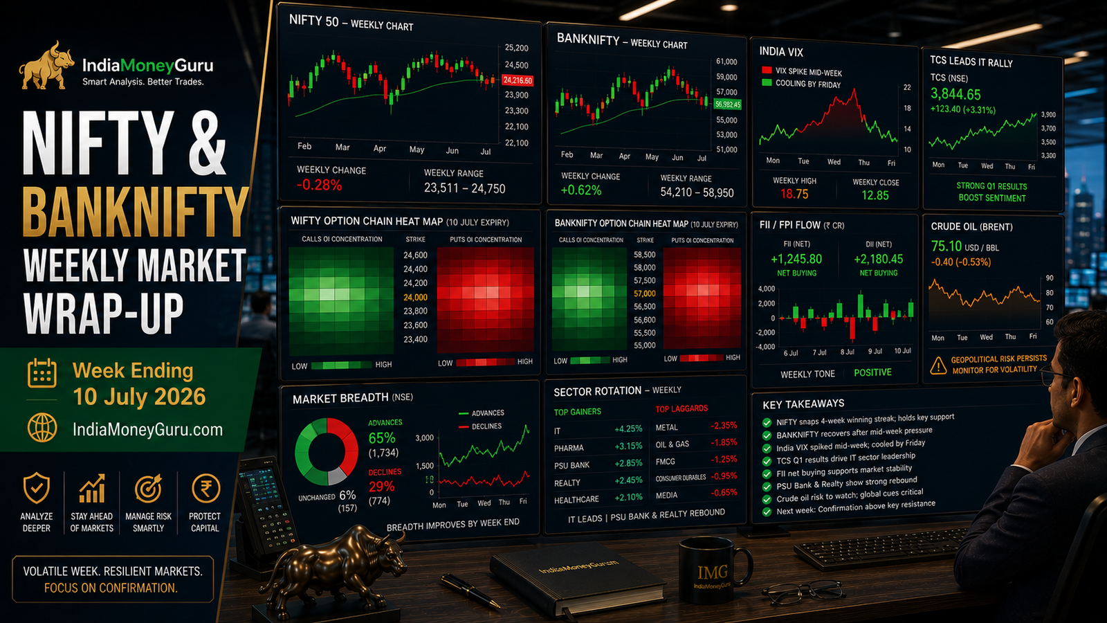NIFTY BANKNIFTY Weekly Market Wrap-Up 10 July 2026 showing institutional trading dashboards, India VIX movement, TCS-led IT rally, crude oil risk, BANKNIFTY recovery, option-chain analytics and weekly market breadth.