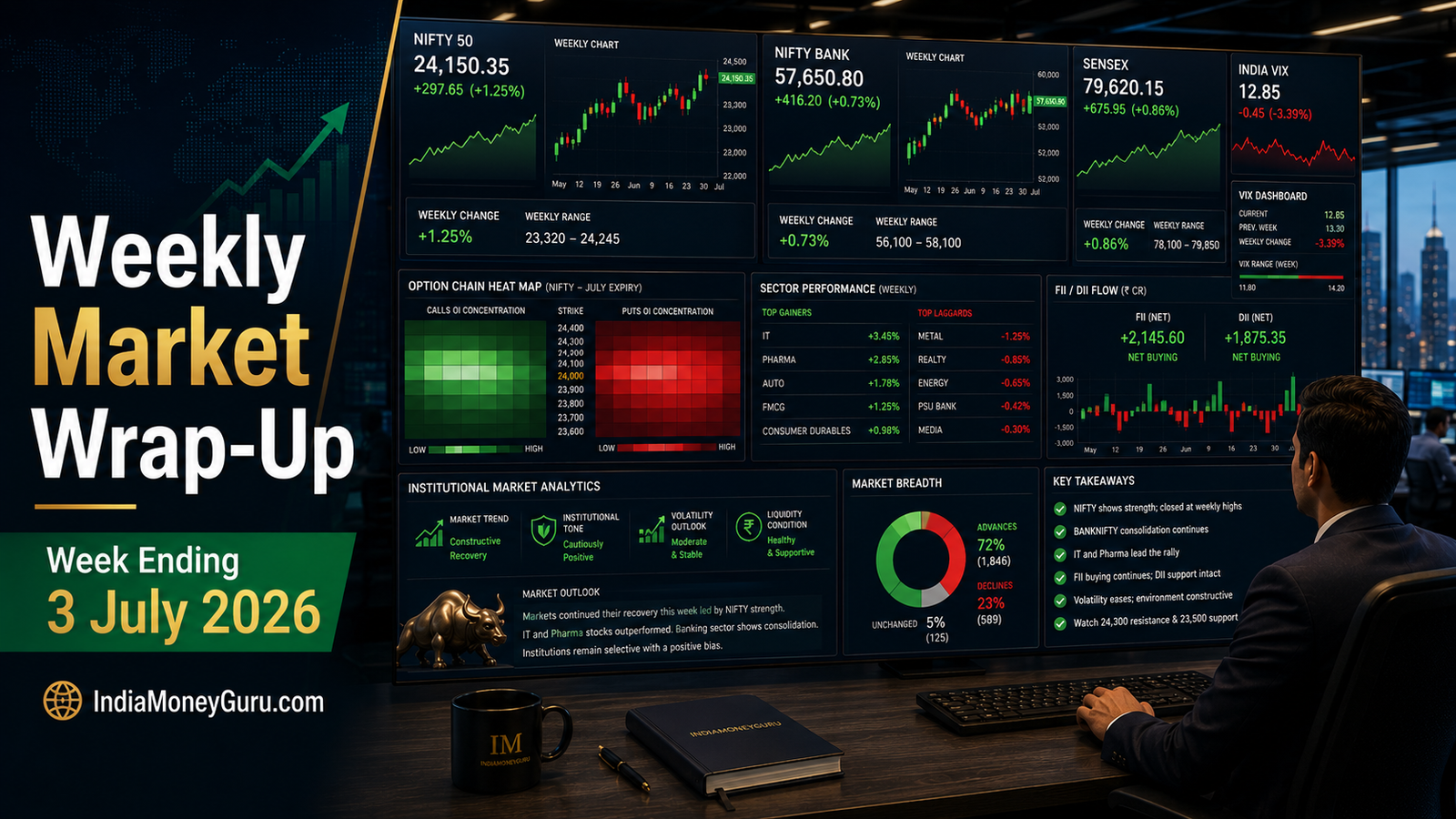 Weekly Market Wrap-Up for week ending 3 July 2026 showing NIFTY, BANKNIFTY, option-chain data, India VIX, sector performance and FII DII flows on an institutional trading desk.