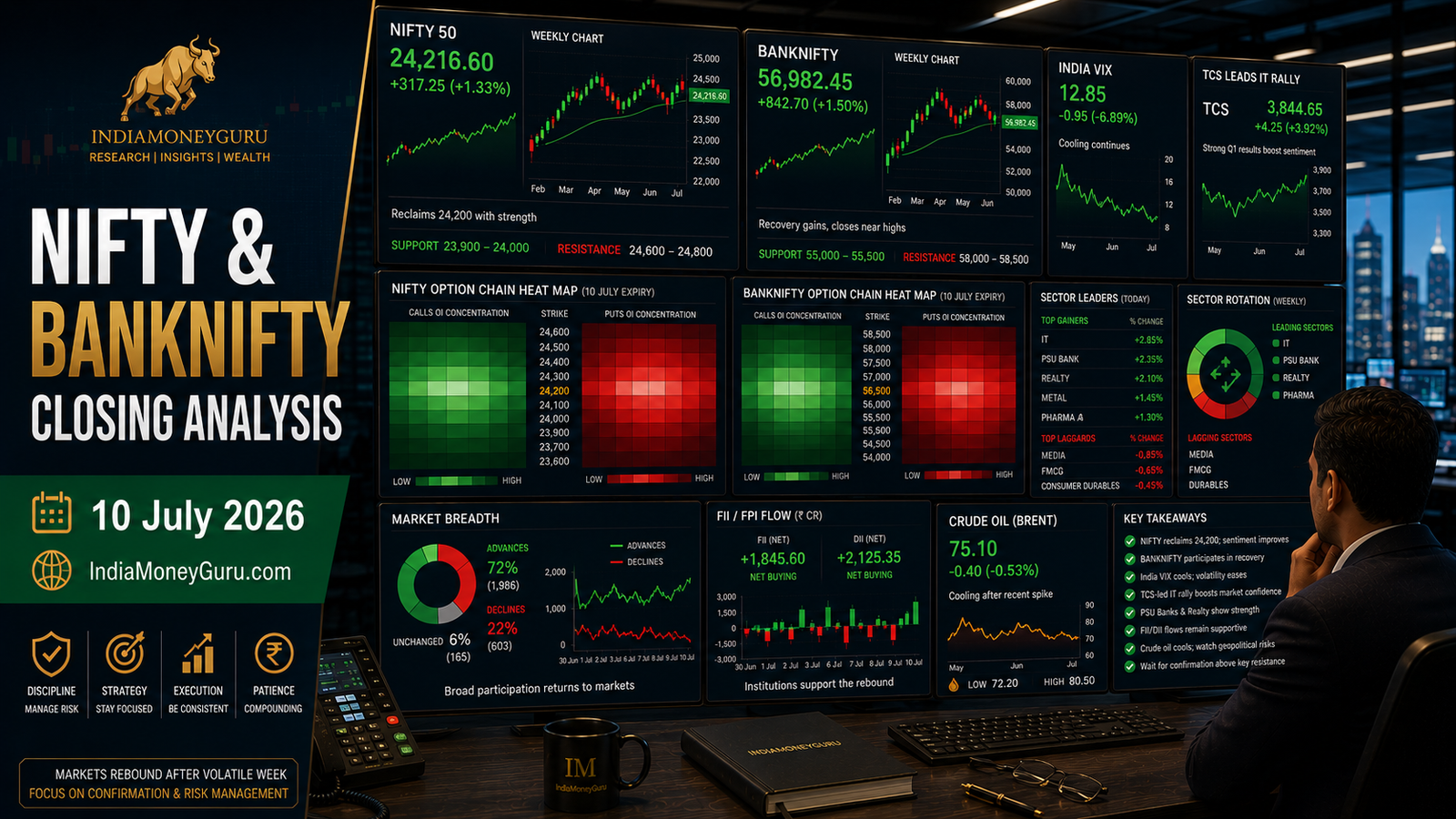 NIFTY & BANKNIFTY Closing Analysis – 10 July 2026 showing institutional trading dashboards, India VIX cooling, TCS-led IT rally, BANKNIFTY recovery, option-chain analytics, market breadth strength and support-resistance levels.