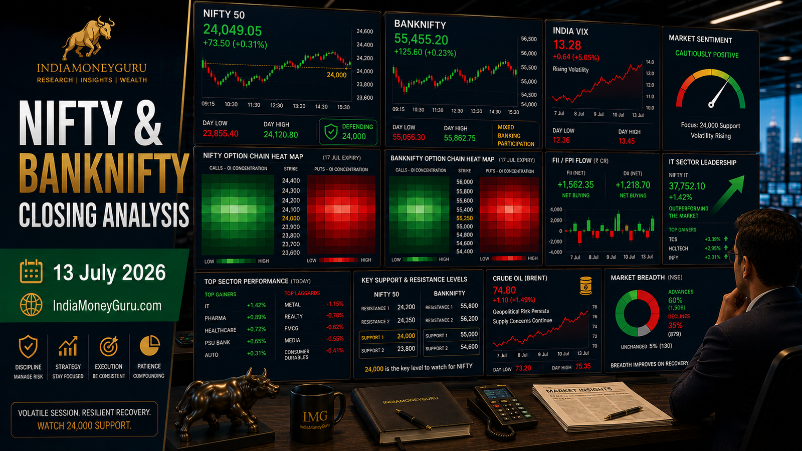 NIFTY BANKNIFTY Closing Analysis 13 July 2026 showing institutional trading dashboards, NIFTY defending 24,000, BANKNIFTY mixed participation, India VIX rising, IT sector leadership, option-chain analytics and support-resistance levels.