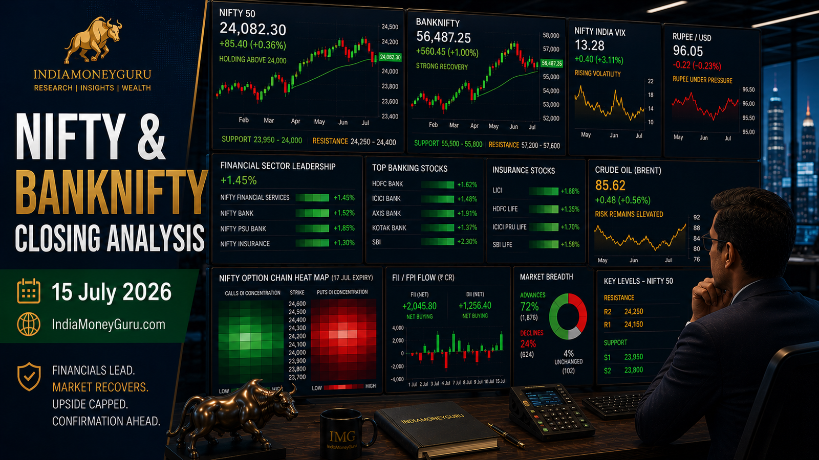 NIFTY BANKNIFTY Closing Analysis 15 July 2026 showing institutional trading dashboards, NIFTY holding above 24,000, BANKNIFTY leading recovery, financial stocks rising, crude oil risk, rupee pressure, option-chain analytics and support-resistance levels