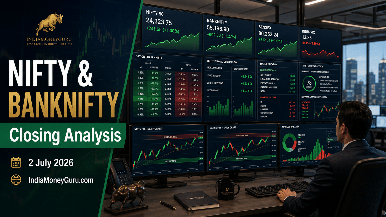 NIFTY & BANKNIFTY Closing Analysis – 2 July 2026 showing institutional trading dashboards, option chain analysis, banking sector leadership, India VIX, support and resistance levels, and professional market intelligence for IndiaMoneyGuru.com