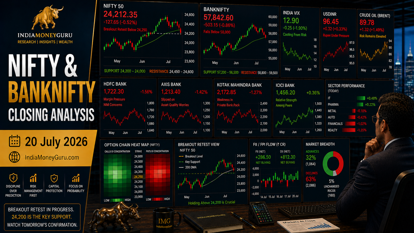 NIFTY & BANKNIFTY Closing Analysis 20 July 2026 showing institutional trading dashboards, NIFTY slipping below 24,250, BANKNIFTY falling below 58,000, HDFC Bank margin pressure, crude oil risk, rupee weakness, India VIX, option-chain analytics and support-resistance levels.