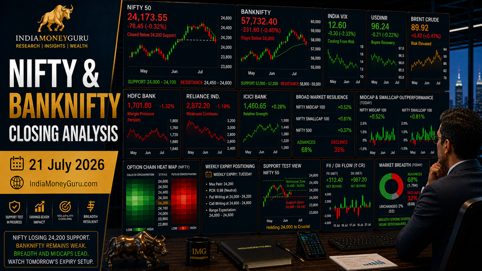 NIFTY & BANKNIFTY Closing Analysis 21 July 2026 showing institutional trading dashboards, NIFTY closing below 24,200, BANKNIFTY below 58,000, HDFC Bank and Reliance pressure, India VIX cooling, crude oil risk, rupee recovery, option-chain analytics and support-resistance levels.