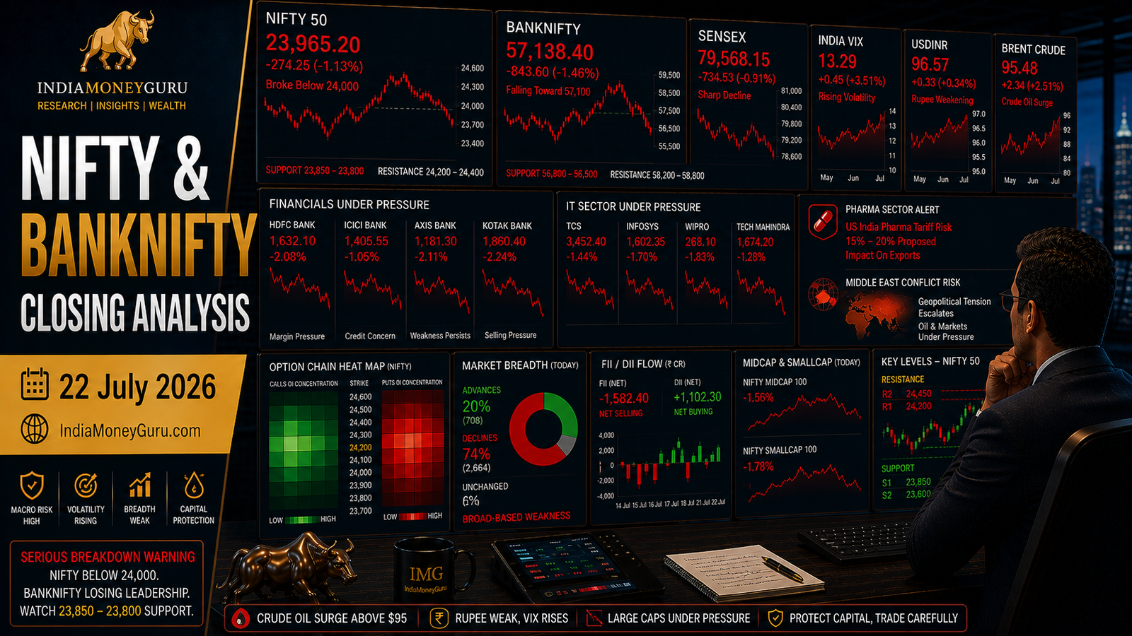 NIFTY & BANKNIFTY Closing Analysis 22 July 2026 showing institutional trading dashboards, NIFTY breaking below 24,000, BANKNIFTY falling toward 57,100, crude oil above $95, rupee weakness, India VIX rising, broad-market selloff, option-chain analytics and support-resistance levels.