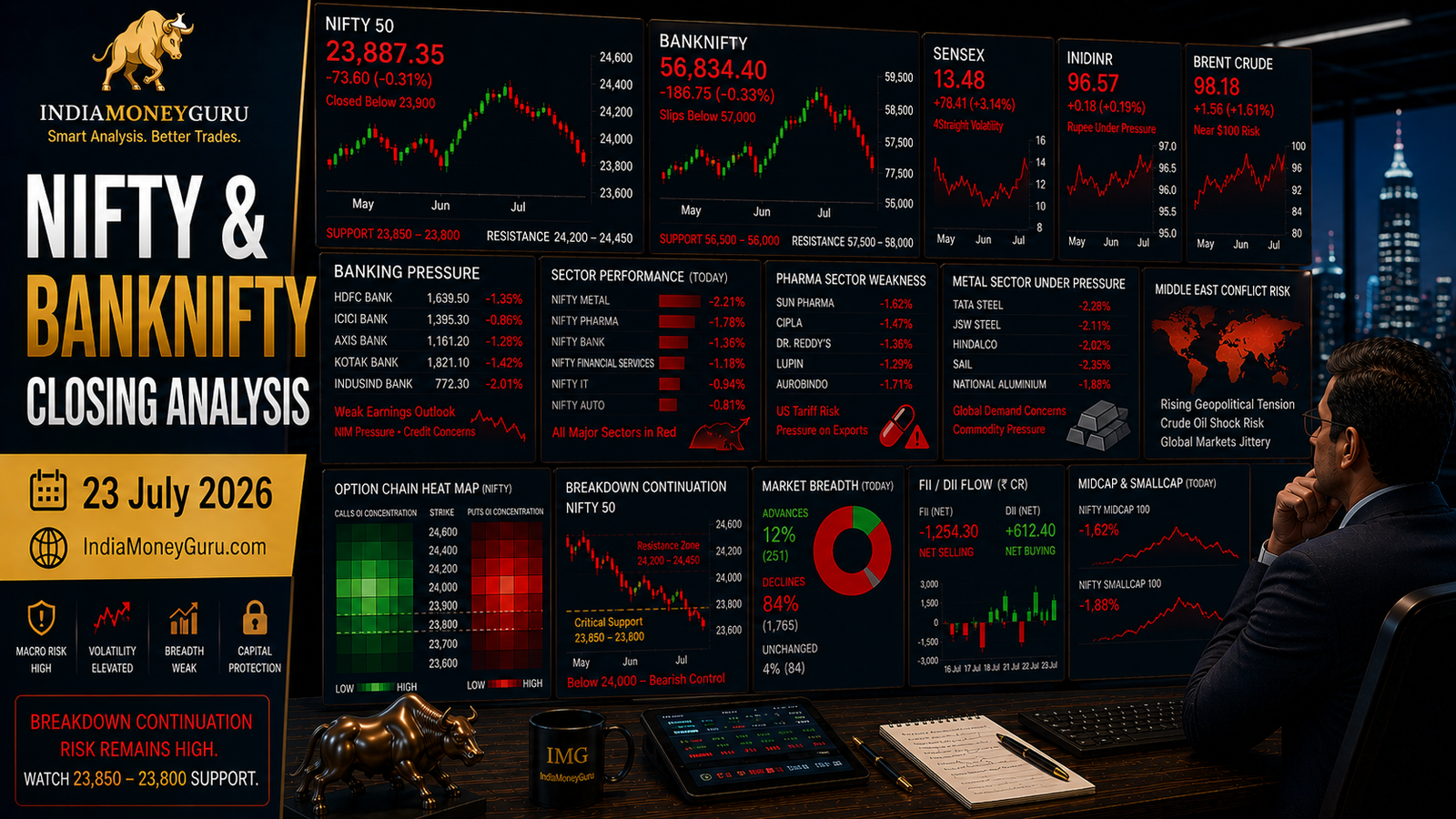 NIFTY & BANKNIFTY Closing Analysis – 23 July 2026 showing institutional trading dashboards, NIFTY closing below 23,900, BANKNIFTY below 57,000, crude oil near $98, rupee weakness, India VIX rising, midcap-smallcap selloff, option-chain analytics and support-resistance levels.