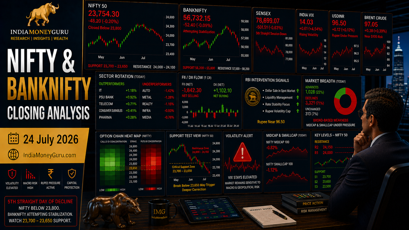 NIFTY BANKNIFTY Closing Analysis 24 July 2026 showing institutional trading dashboards, NIFTY closing below 23,800, BANKNIFTY stabilising near 56,700, India VIX rising to 14.03, crude oil near $97, rupee under RBI defence, mixed sector rotation, option-chain analytics and support-resistance levels.