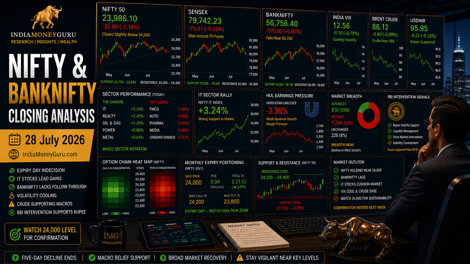 NIFTY BANKNIFTY Closing Analysis 28 July 2026 showing institutional trading dashboards, NIFTY closing near 24,000, BANKNIFTY weakening near 56,756, India VIX cooling to 12.56, IT sector rally, HUL earnings pressure, crude oil relief, monthly expiry option-chain analytics and support-resistance levels.