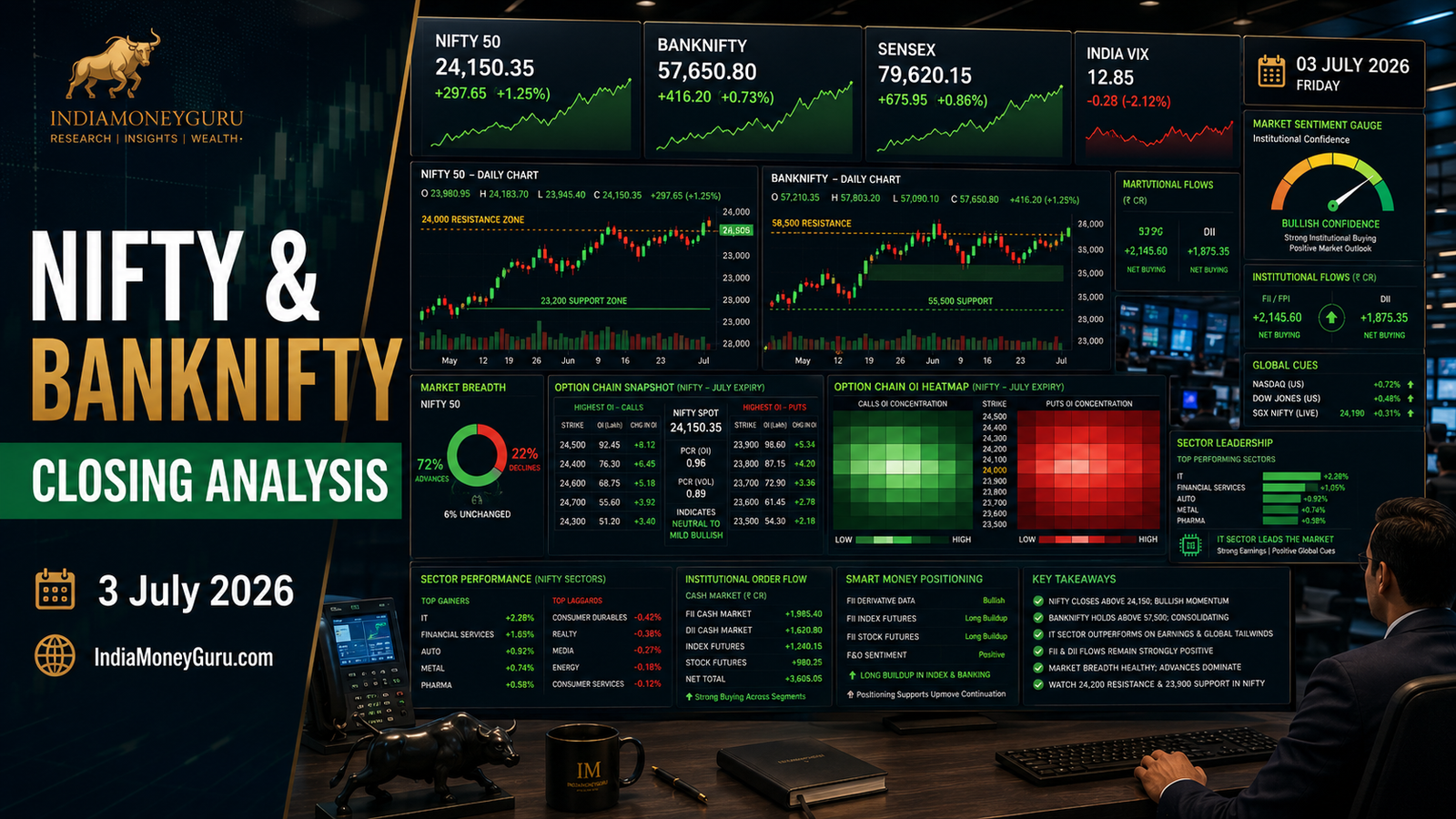 NIFTY and BANKNIFTY Closing Analysis 3 July 2026 showing institutional trading dashboards, option-chain analytics and India VIX.