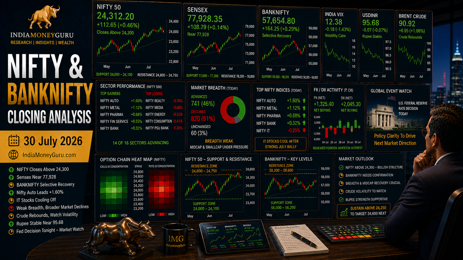 NIFTY BANKNIFTY Closing Analysis, 30 July 2026, showing institutional trading dashboards, NIFTY closing above 24,300, BANKNIFTY selective recovery, auto sector leadership, weak broader market breadth, the rupee near 95.68, crude oil near $91, Fed decision watch, option-chain analytics and support-resistance levels.
