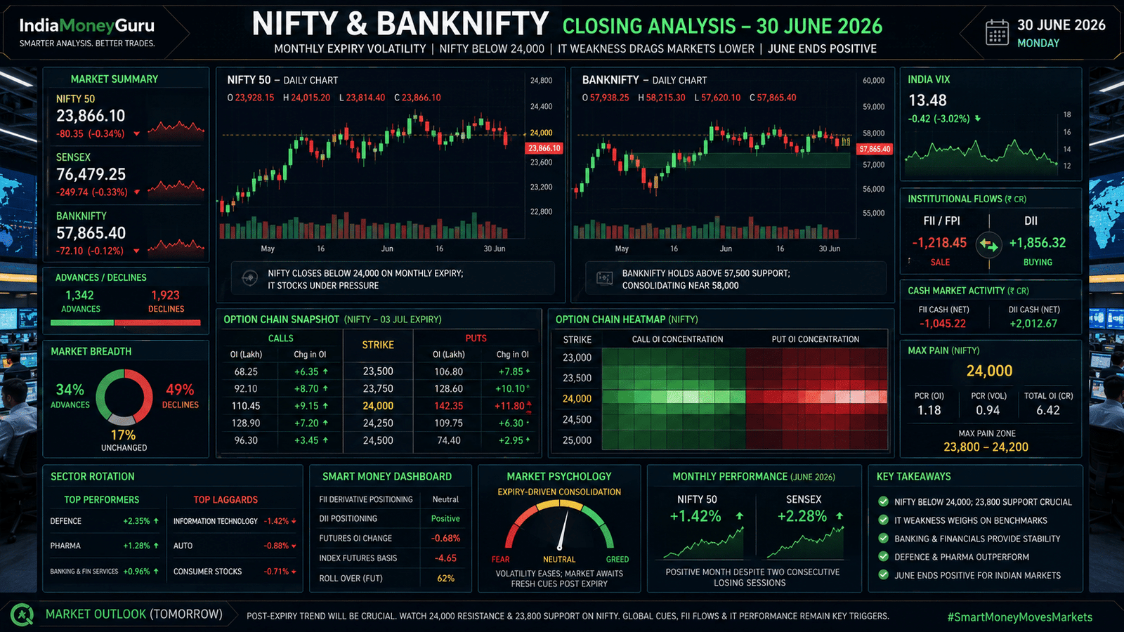 NIFTY BANKNIFTY Closing Analysis 30 June 2026 showing monthly expiry volatility, Nifty below 24,000, BANKNIFTY consolidation, option chain analysis, India VIX, institutional positioning and June market performance dashboard.