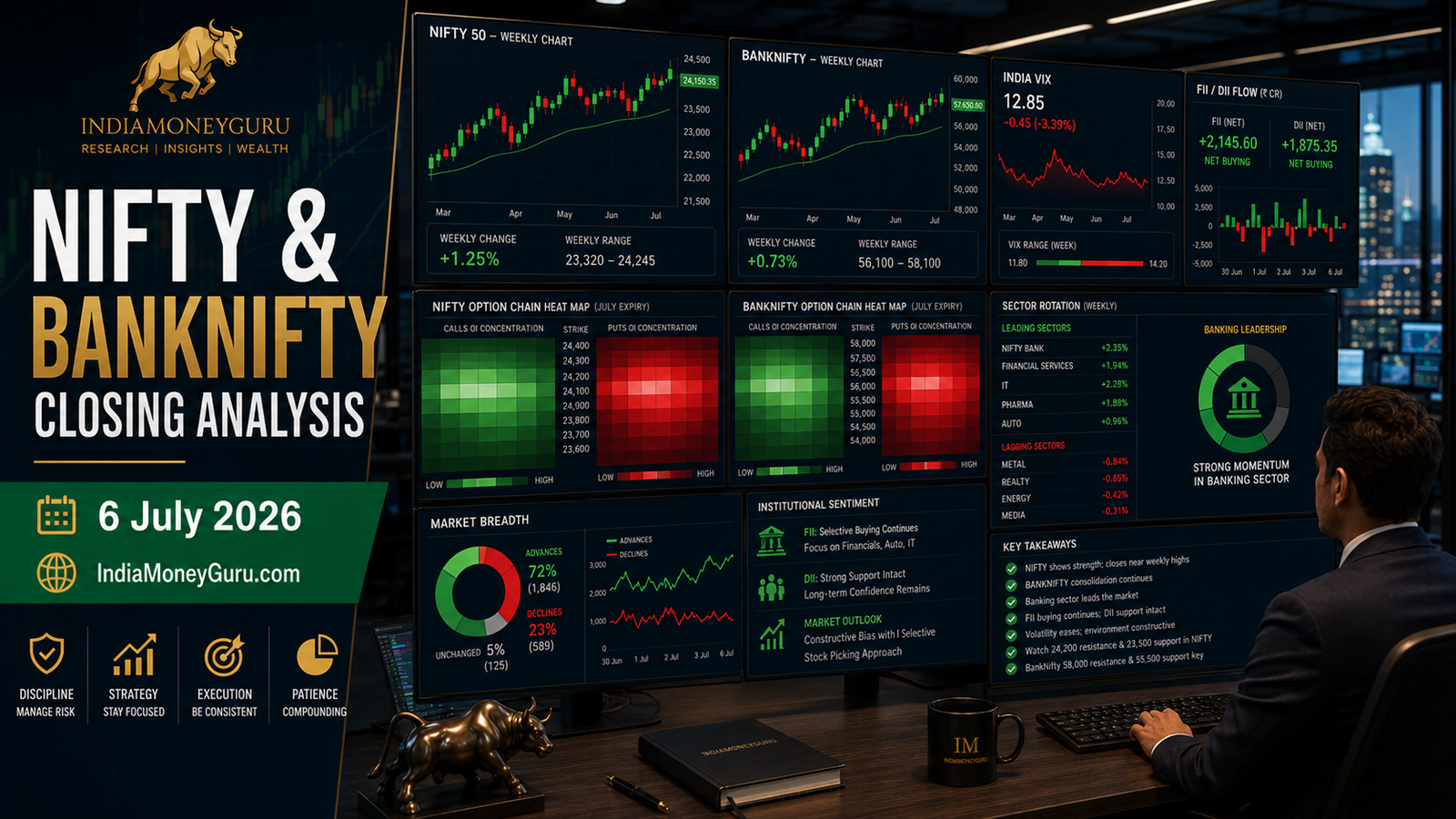 NIFTY & BANKNIFTY Closing Analysis - 6 July 2026 featuring institutional trading dashboards, option-chain analytics, India VIX, banking sector leadership, and technical market analysis.