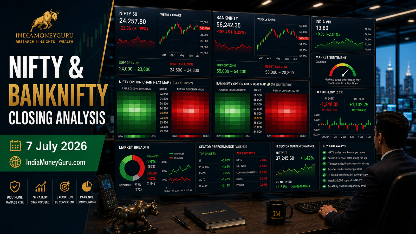 NIFTY BANKNIFTY Closing Analysis 7 July 2026 featuring institutional trading dashboards, India VIX, option-chain analytics, IT sector outperformance, market breadth weakness, and support-resistance analysis.