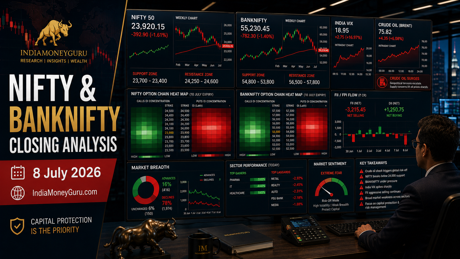 NIFTY BANKNIFTY Closing Analysis 8 July 2026 – showing institutional trading dashboards, India VIX spike, crude oil shock, option-chain analytics, market breadth weakness and sharp risk-off market sentiment.