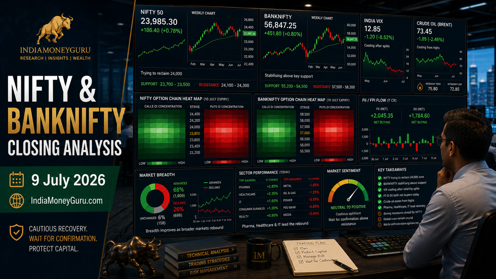 NIFTY & BANKNIFTY Closing Analysis – 9 July 2026 showing institutional trading dashboards, India VIX cooling, option-chain analytics, market breadth recovery, crude oil risk panel and cautious market rebound.