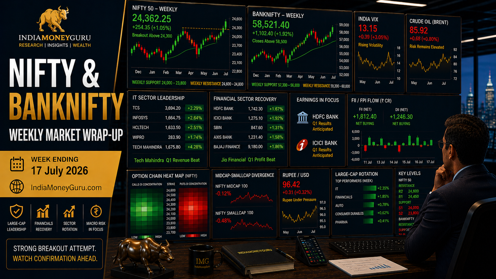 NIFTY BANKNIFTY Weekly Market Wrap-Up 17 July 2026 showing institutional trading dashboards, NIFTY breakout above 24,300, BANKNIFTY above 58,500, IT and financial-sector leadership, India VIX, crude oil risk, midcap-smallcap divergence, option-chain analytics and weekly support-resistance levels.