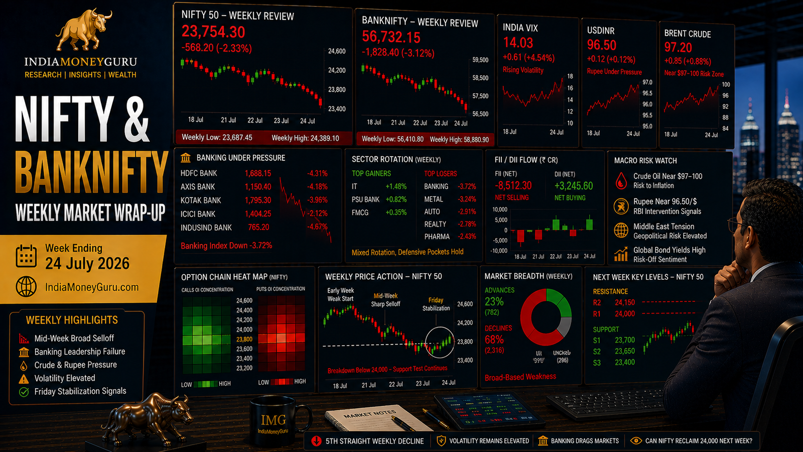 NIFTY BANKNIFTY Weekly Market Wrap-Up 24 July 2026 showing institutional trading dashboards, NIFTY falling 2.33%, BANKNIFTY losing 3.12%, HDFC Bank-led banking weakness, crude oil risk near $100, rupee pressure, India VIX at 14.03, option-chain analytics and next-week support-resistance levels.