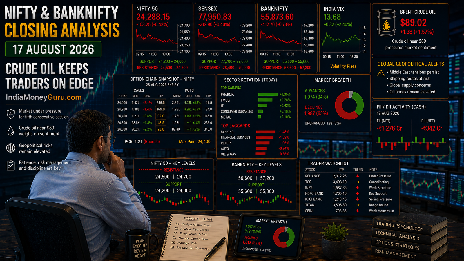 NIFTY BANKNIFTY Closing Analysis, 17 August 2026, showing NIFTY near 24,288, BANKNIFTY under pressure, rising crude oil prices, India VIX, option-chain analysis and an institutional trading desk.
