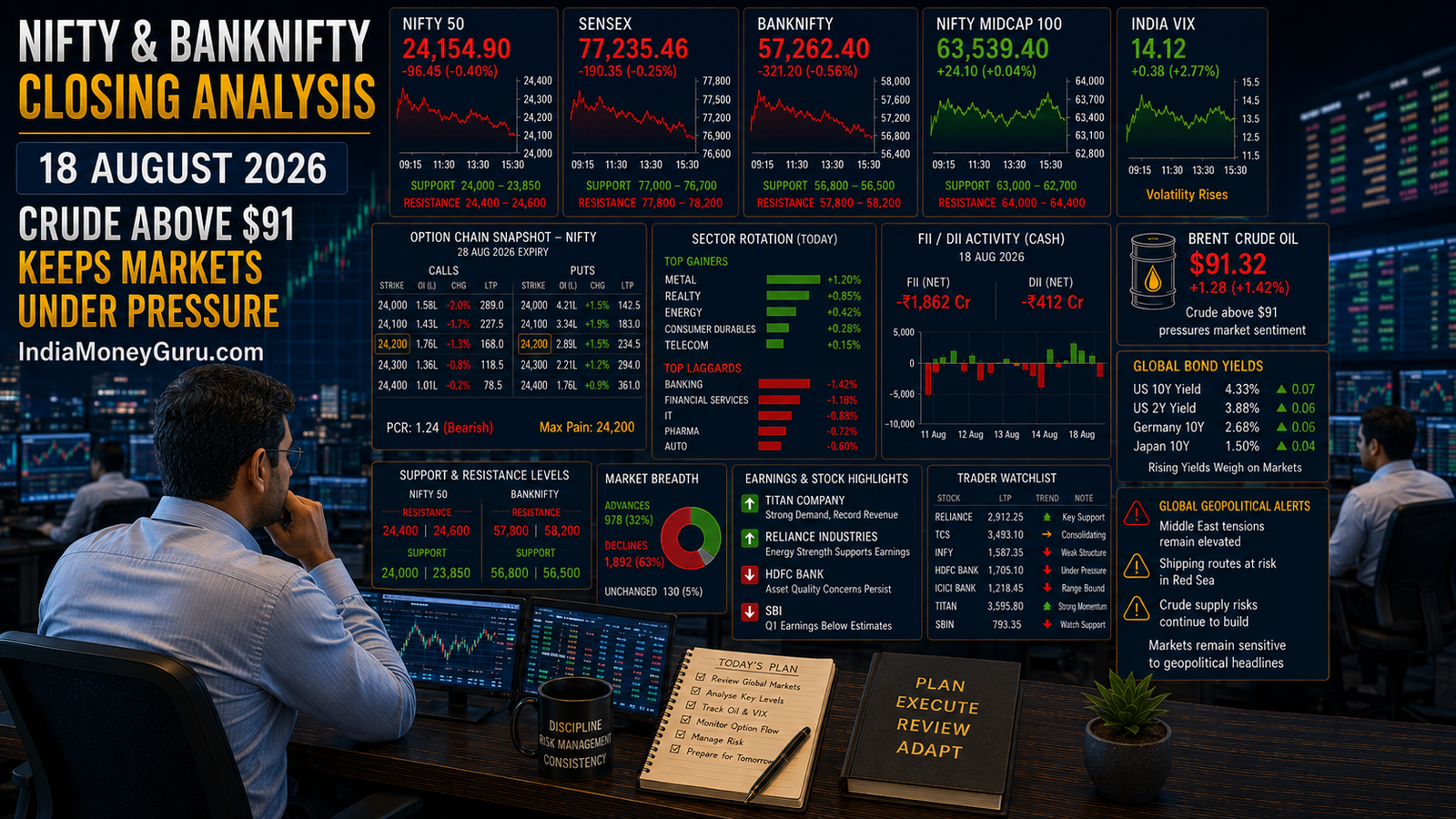 NIFTY BANKNIFTY Closing Analysis 18 August 2026 showing NIFTY at 24,154.90, Sensex at 77,235.46, BANKNIFTY at 57,262.40, crude oil above $91, option-chain analysis, India VIX and an institutional trading desk.