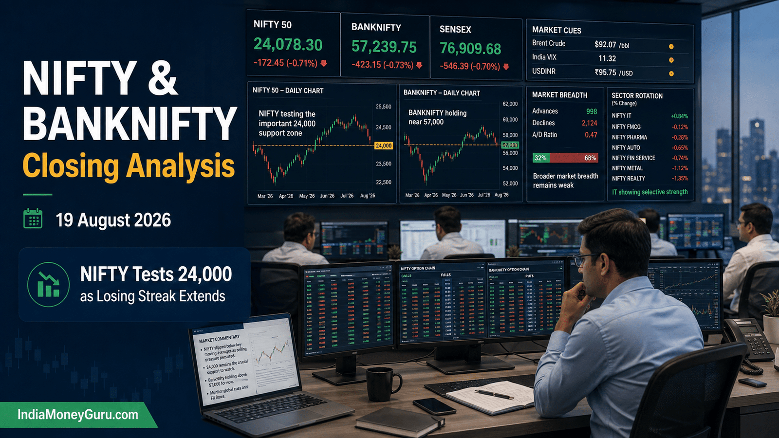 NIFTY & BANKNIFTY Closing Analysis 19 August 2026, showing NIFTY near 24,000 support and BANKNIFTY holding above 57,000