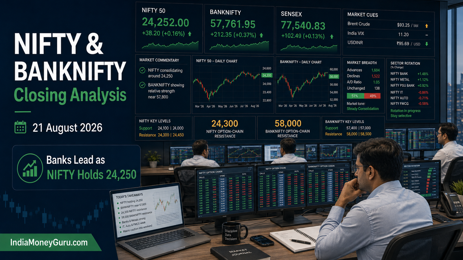 NIFTY & BANKNIFTY Closing Analysis 21 August 2026, showing NIFTY at 24,252 and BANKNIFTY outperforming near 57,762