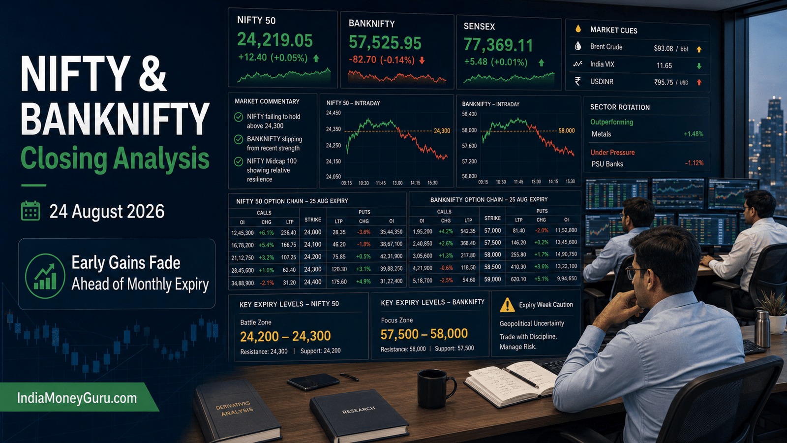 NIFTY & BANKNIFTY Closing Analysis 24 August 2026 showing NIFTY at 24,219 and BANKNIFTY at 57,526 ahead of monthly expiry