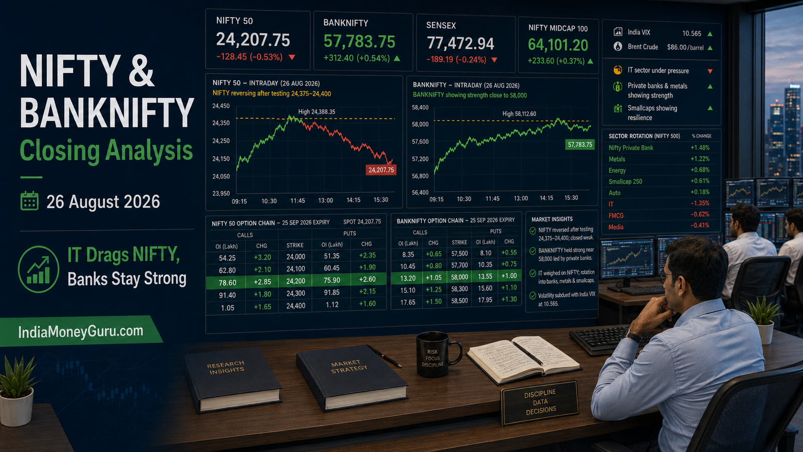 NIFTY & BANKNIFTY Closing Analysis 26 August 2026, showing NIFTY at 24,207 while BANKNIFTY strengthens towards 58,000