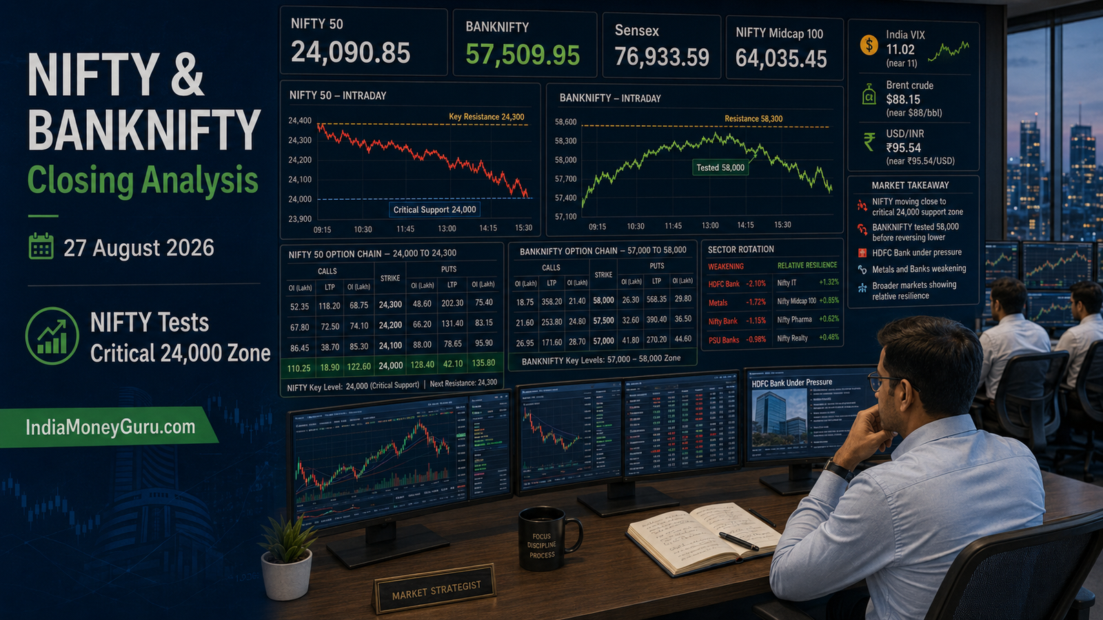 NIFTY & BANKNIFTY Closing Analysis 27 August 2026 showing NIFTY near 24,000 support and BANKNIFTY reversing from 58,000