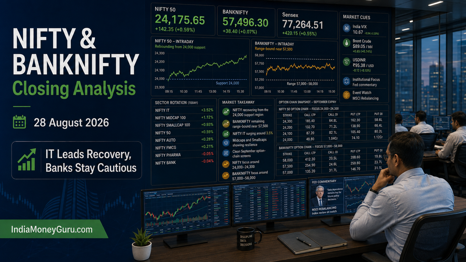 NIFTY & BANKNIFTY Closing Analysis 28 August 2026 showing NIFTY recovering to 24,175 as IT rallies while BANKNIFTY stays near 57,500