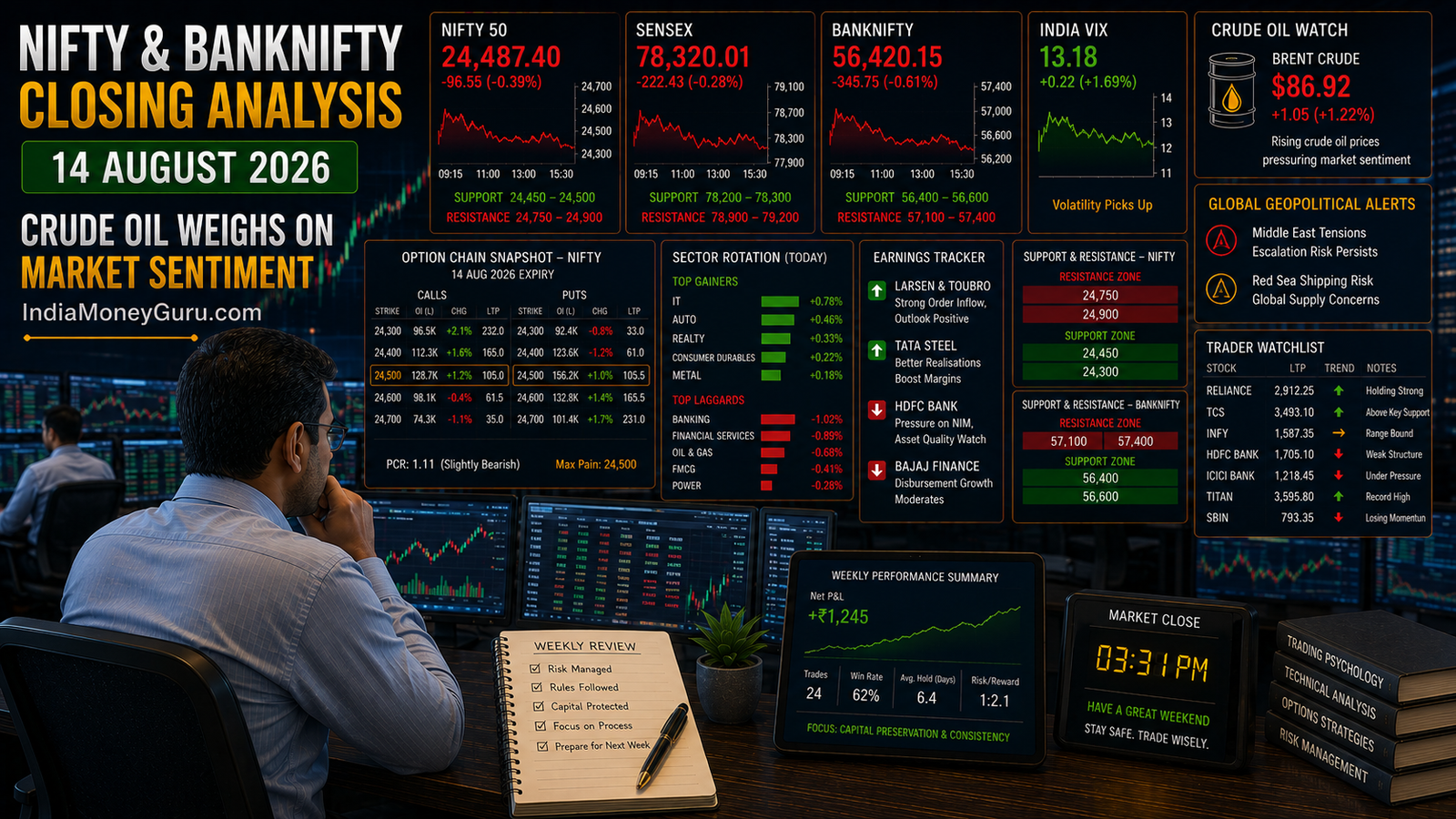 NIFTY BANKNIFTY Closing Analysis 14 August 2026 showing NIFTY near support, BANKNIFTY weakness, rising crude oil prices, option-chain analysis, India VIX and institutional trading desk.