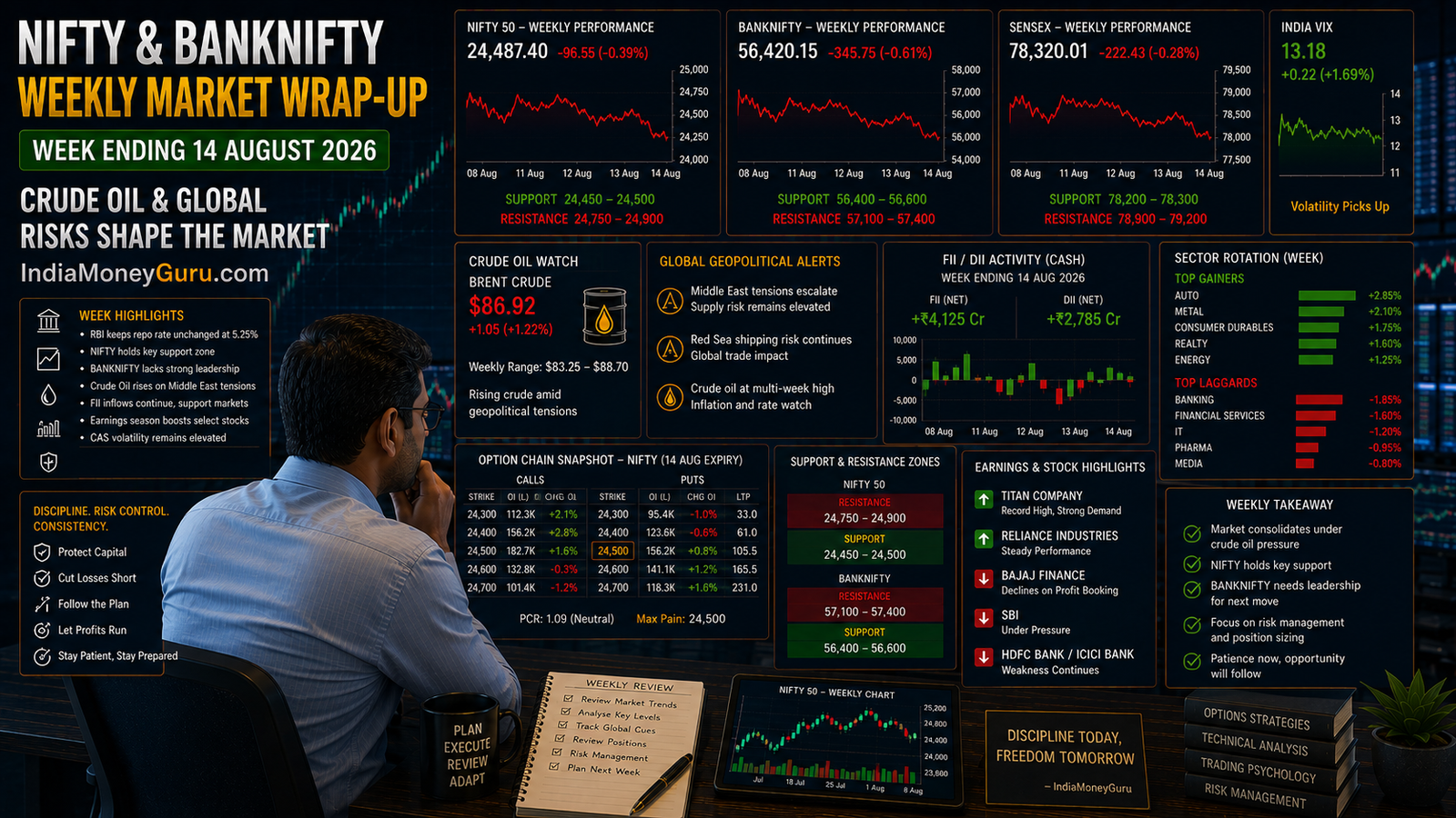 NIFTY BANKNIFTY Weekly Market Wrap-Up 14 August 2026 showing market performance, crude oil impact, sector rotation, option-chain analysis and institutional trading desk.