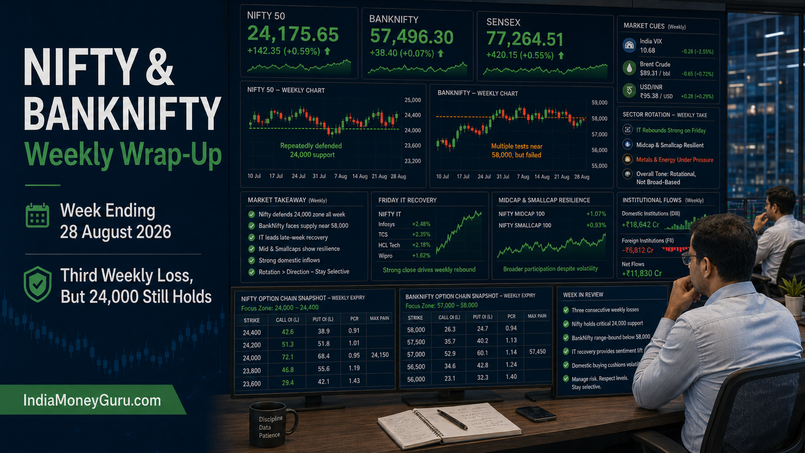 NIFTY & BANKNIFTY Weekly Market Wrap-Up, 28 August 2026, showing NIFTY defending 24,000 while BANKNIFTY remains below 58,000