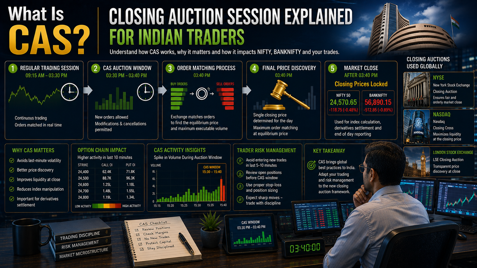 Closing Auction Session CAS India explained for NIFTY and BANKNIFTY traders showing CAS auction window, order matching, closing price discovery, option-chain impact, trader risk management and global closing-auction references.