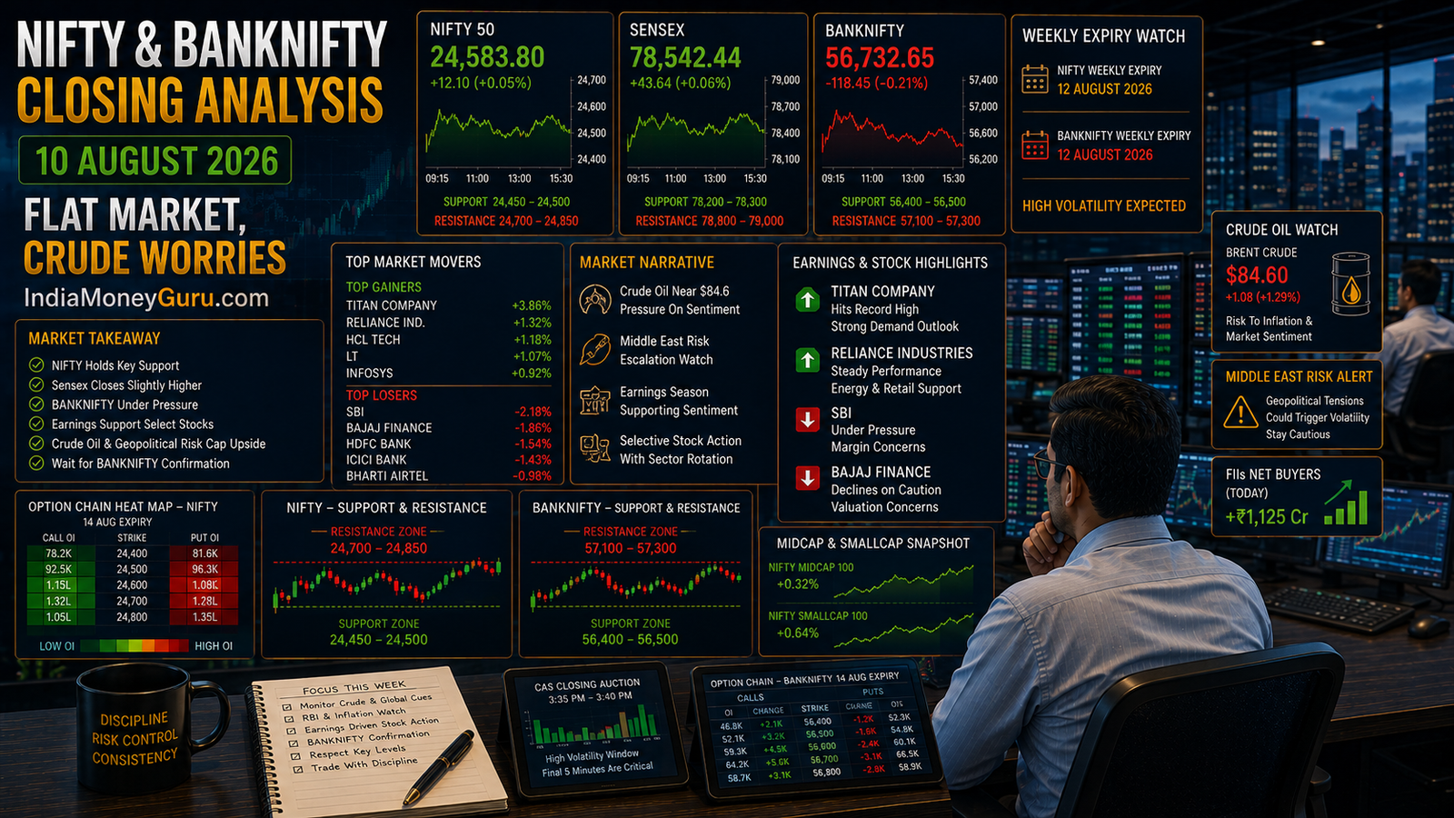 NIFTY BANKNIFTY Closing Analysis 10 August 2026 showing NIFTY at 24,583.80, Sensex at 78,542.44, BANKNIFTY weakness, crude oil pressure, earnings support, Titan strength, SBI weakness and option-chain analysis.
